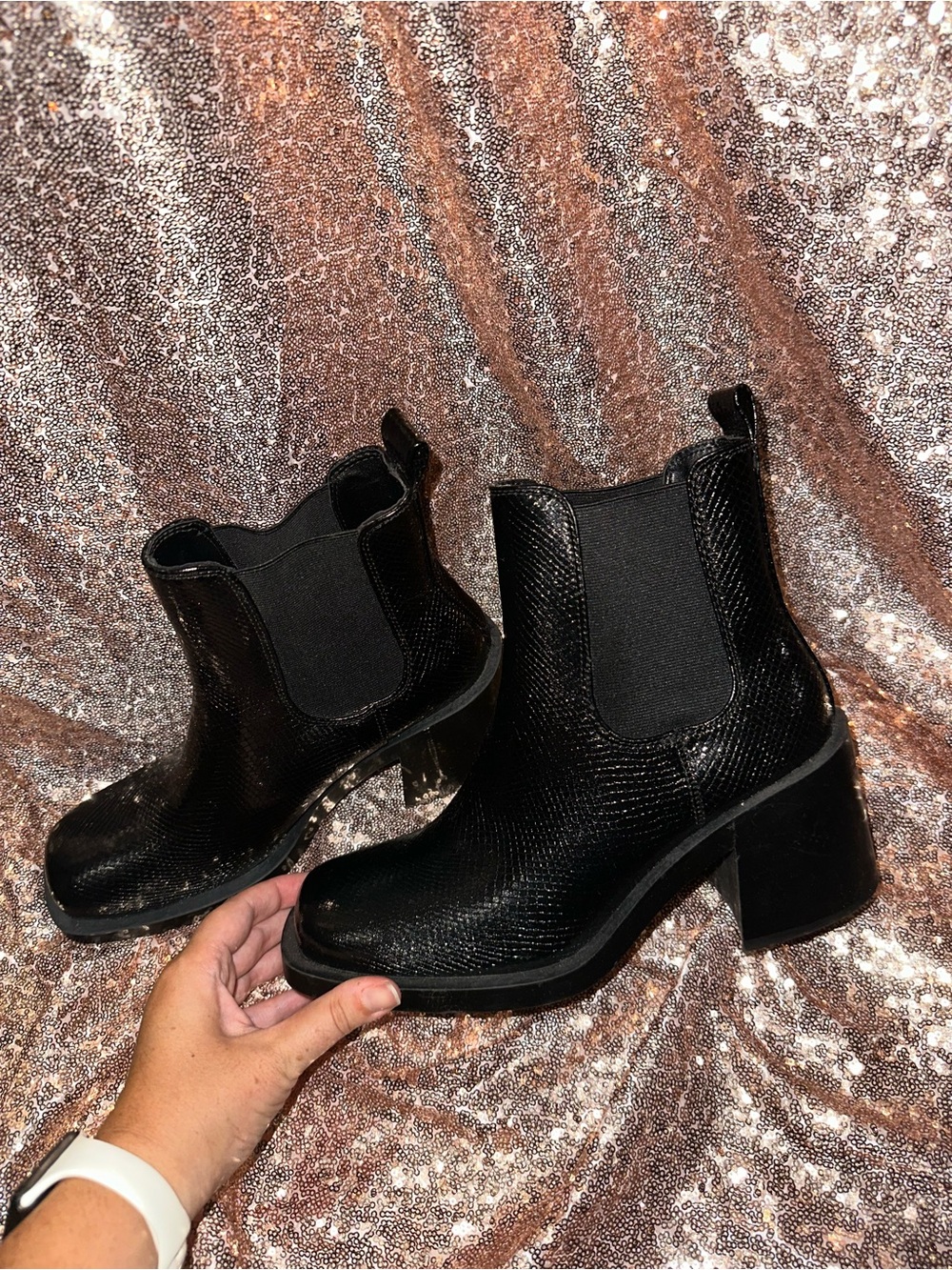 H&M Black Textured Chelsea Block Heel Ankle Boots